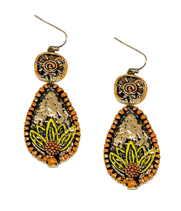 Vintage Metal Sun And Flower Drop Earring