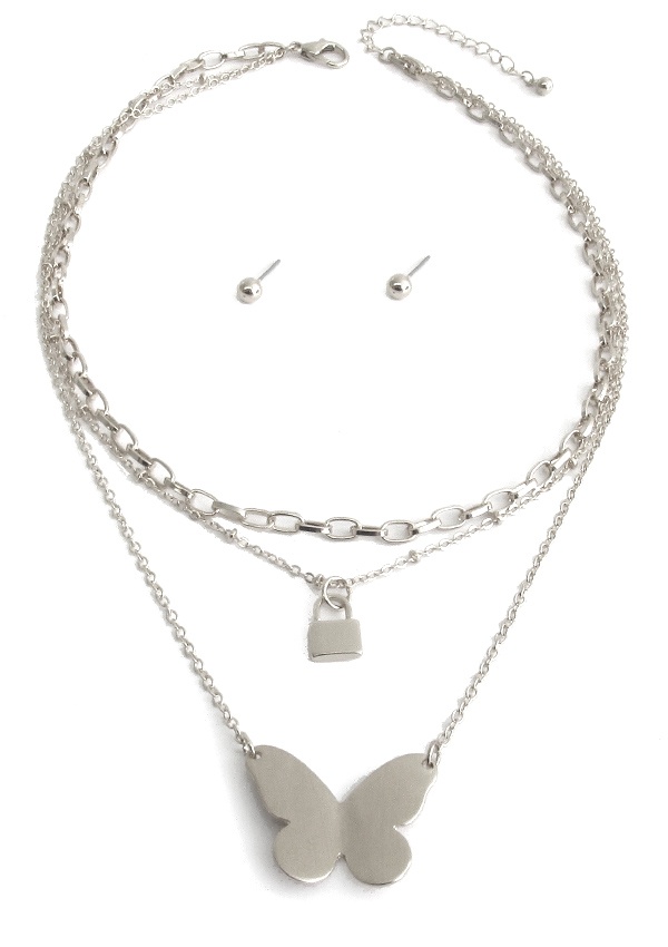 Butterfly And Lock Multi Layer Necklace Set