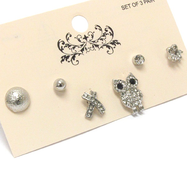 Crystal Owl And Multi Mix Earring Set Of 3