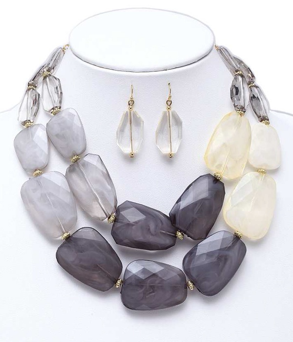 Chunky Multi Color Facet Resin Stone Double Chain Necklace Earring Set
