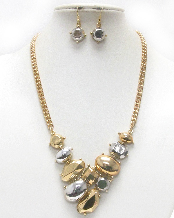 Multi Metallic Stone Deco Chain Necklace Earring Set