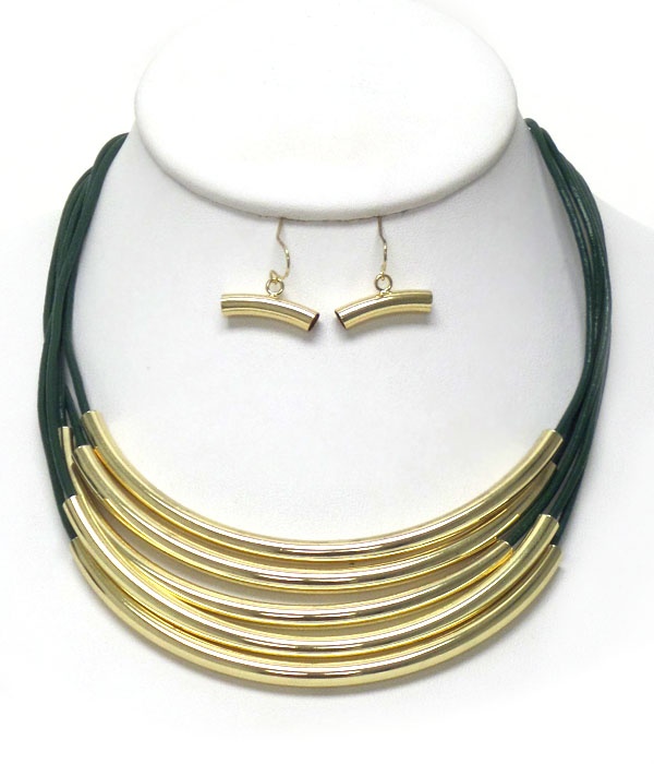 Multi Metal Tube And Cord Mix Nekclace Earring Set