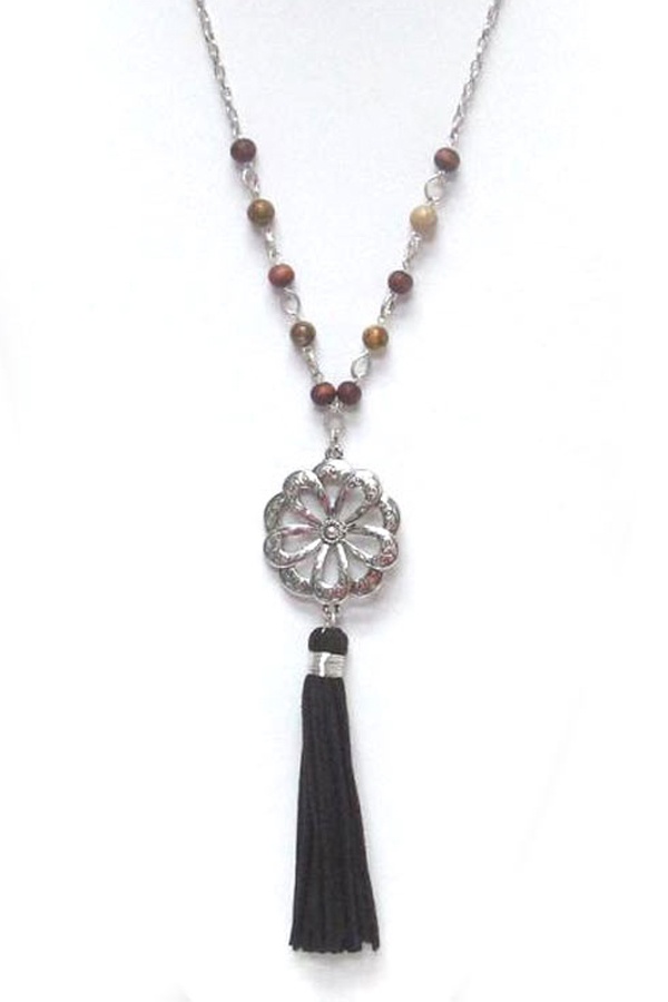 Suede Stones With Flower Tassel Drop Necklace
