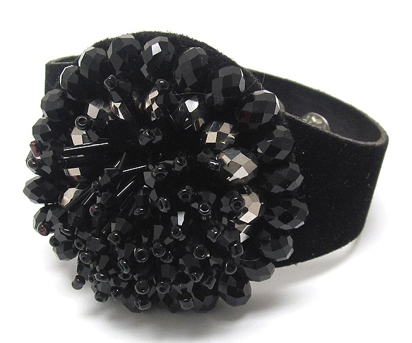 Multi Seed Beads And Crystal Glass On Leatherette Button Bracelet