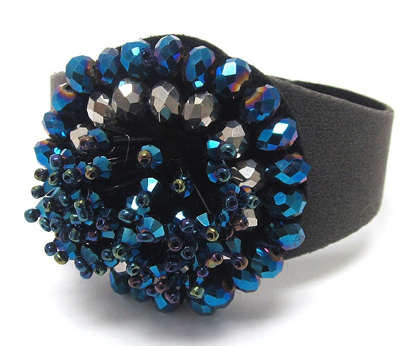Multi Seed Beads And Crystal Glass On Leatherette Button Bracelet