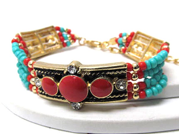 Crystal And Acryl Round Stone Multi Seed Beads Native Tribal Design Multi Chain Bracelet