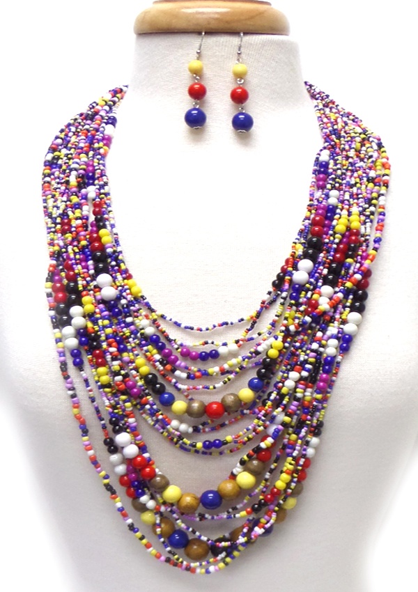 Multi Beads And Layer Long Necklace Set