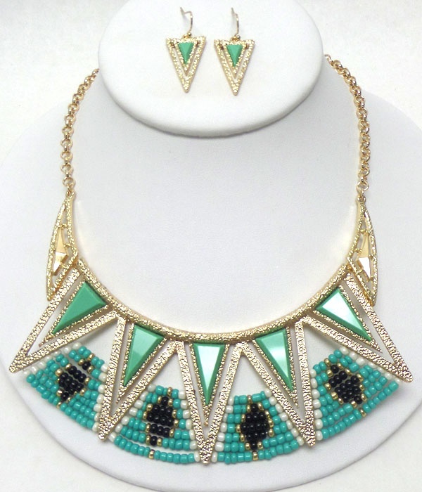 Multi Facet Stone And Seed Bead Aztec Inspired Necklace Earring Set -Western