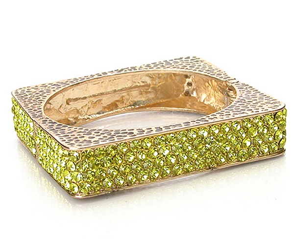 Multi Crystal And Metal Hammered Square On Side Fashion Designer Style Hinge Bangle