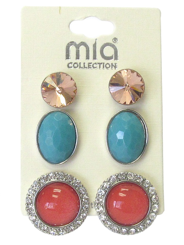 Multi Crystal And Puffy Stone Mix 3 Pair Earring Set
