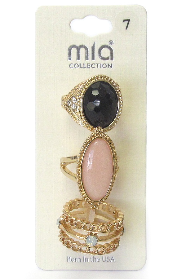 Crystal And Puffy Stone Mix 3 Ring Set