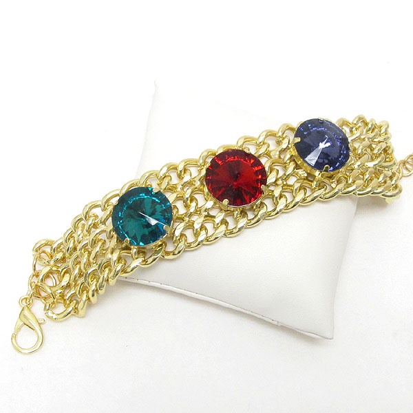 Tri Glass Stone Wide Metal Chain Bracelet