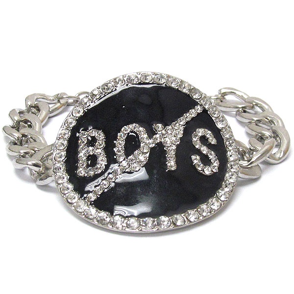 No Boys Crystal Stud Jet Epoxy Medal Chain Bracelet