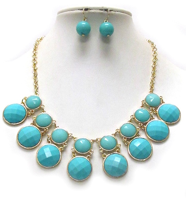 Facet Puffy Round Acrylic Stone Necklace Earring Set
