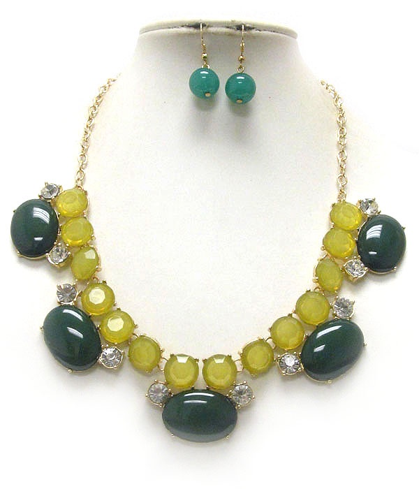 Crystal And Puffy Acrylic Oval Stone Drop Necklace Earring Set