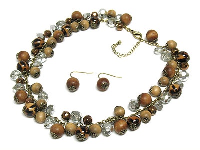 Multi Wooden And Facet Genuine Glass Ball Charm Necklace Set
