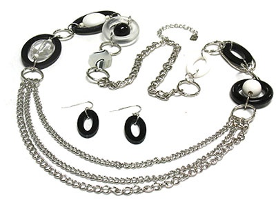 Triple Strands And Acryl And Glass Marble Bead Long Necklace And Earring Set