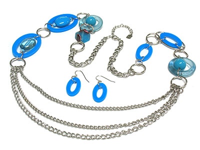 Triple Strands And Acryl And Glass Marble Bead Long Necklace And Earring Set