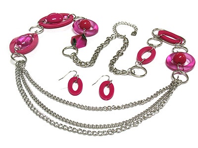 Triple Strands And Acryl And Glass Marble Bead Long Necklace And Earring Set