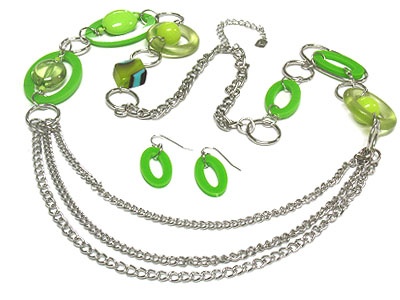 Triple Strands And Acryl And Glass Marble Bead Long Necklace And Earring Set