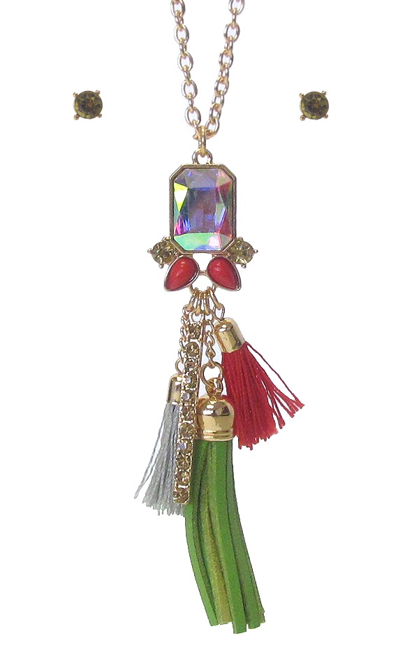 Crystal And Mixed Suede Tassel Necklace Set