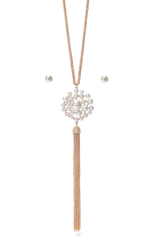 Multi Pearl And Long Fine Chain Tassel Long Necklace Set