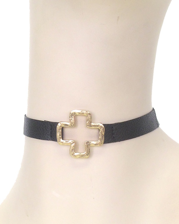 Hammered Metal Cross Leatherette Choker Necklace