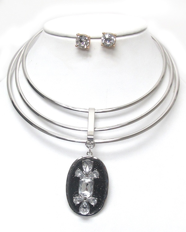Crystal Pendant Drop On 3 Layered Wire Choker Necklace Set
