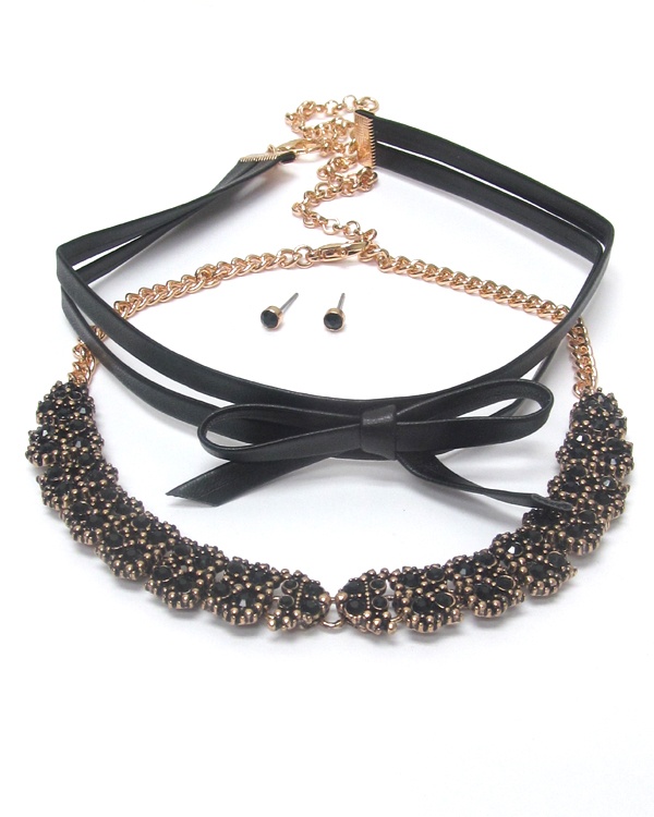 Crystal And Leatherette Bow Double Choker Necklace Set