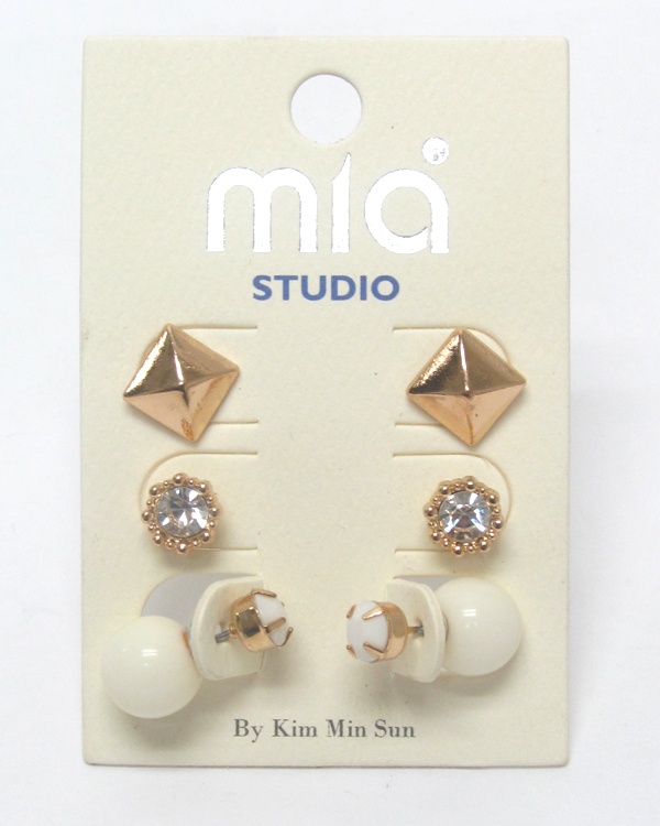 Crystal And Double Sided Mix 3 Pair Earring Set