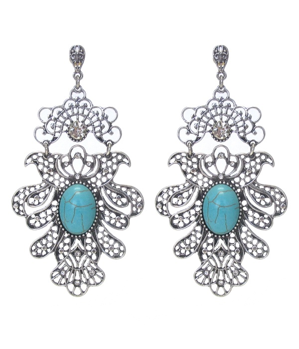 Metal Filigree And Stone Center Drop Earring