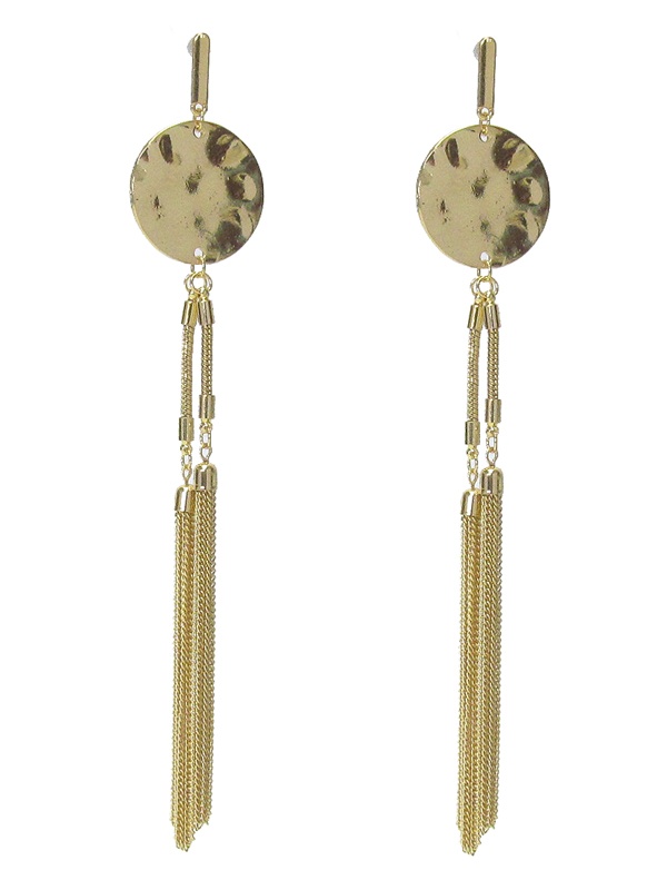 Hammered Metal Disk And Long Fine Chain Tassel Drop Earring