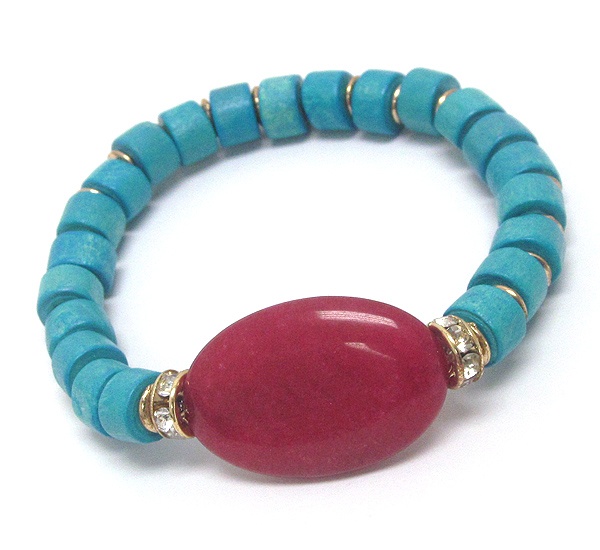 Oval Stone And Wooden Bead And Rondell Accent Stretch Bracelet