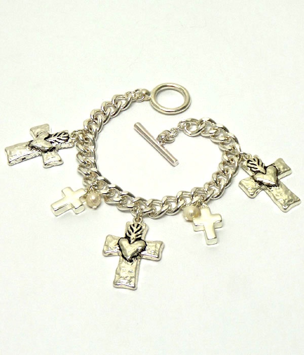 Handmade Heart Center Cross Charm Toggle Bracelet