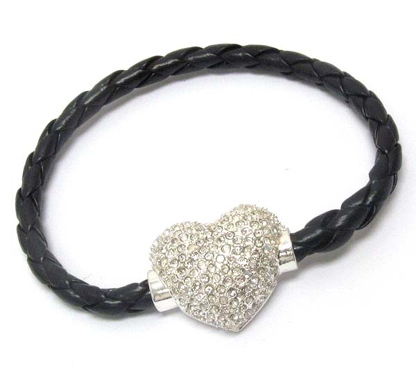 Crystal Paved Puffy Heart And Leatherette Band Magnetic Bracelet
