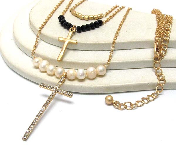 Crystal Double Cross Pearl With Crystal Glass Metal Beads Drop Chain Necklace