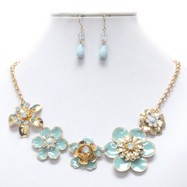 Crystal And Epoxy Deco Multi Metal Flower Link Necklace Earring Set