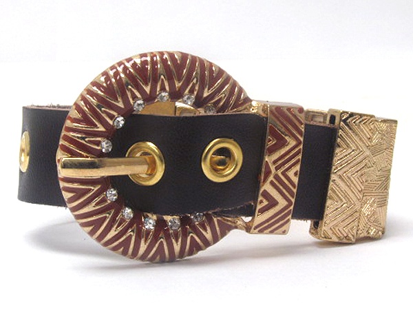 Belt Shape Leather And Epoxy Crystal Metal Stretch Bracelet