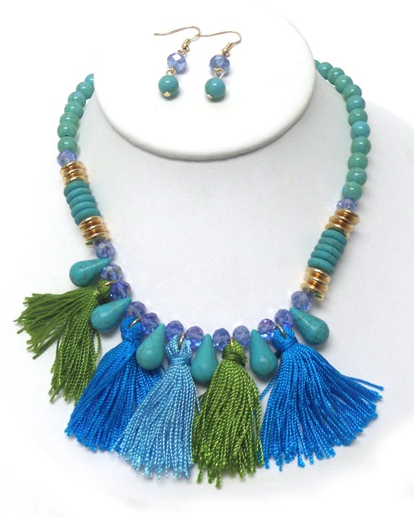 Turquoise Stone And Multi Tassel Necklace Set