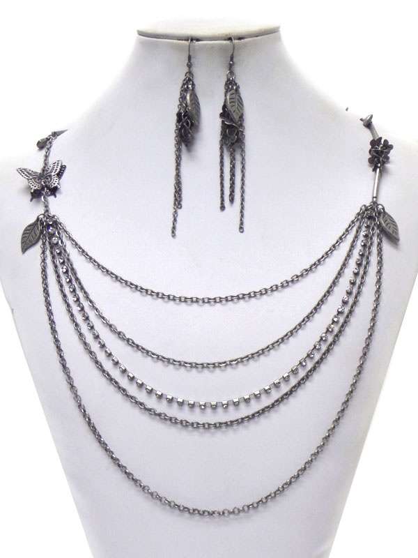 Burnish Metalbutterfly Accent Multi Layer Long Metal Chain Necklace