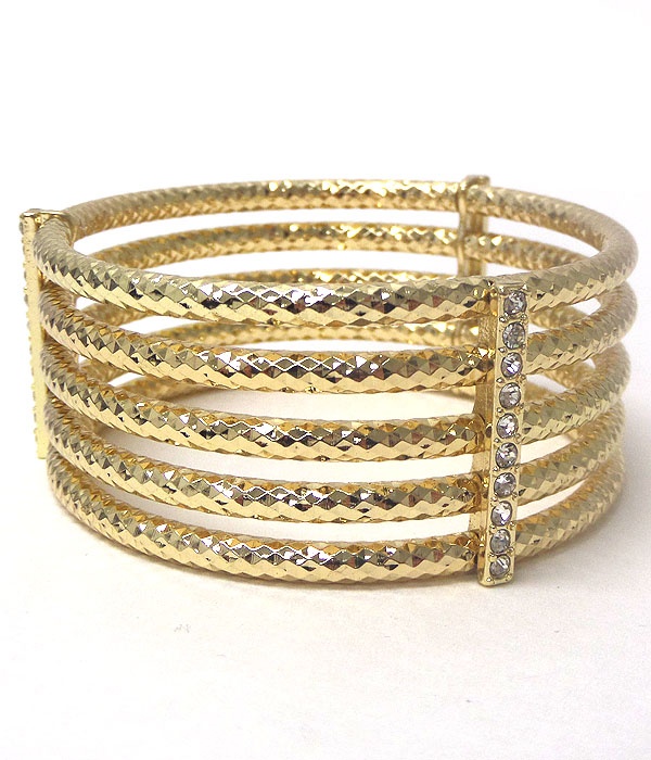 Crsytal Bar And Five Textured Metal Tube Stretch Bracelet