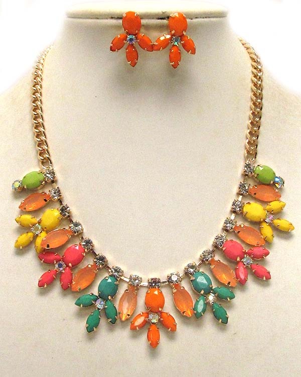 Multi Crystal And Acrylic Stone Deco Party Necklace Earring Set