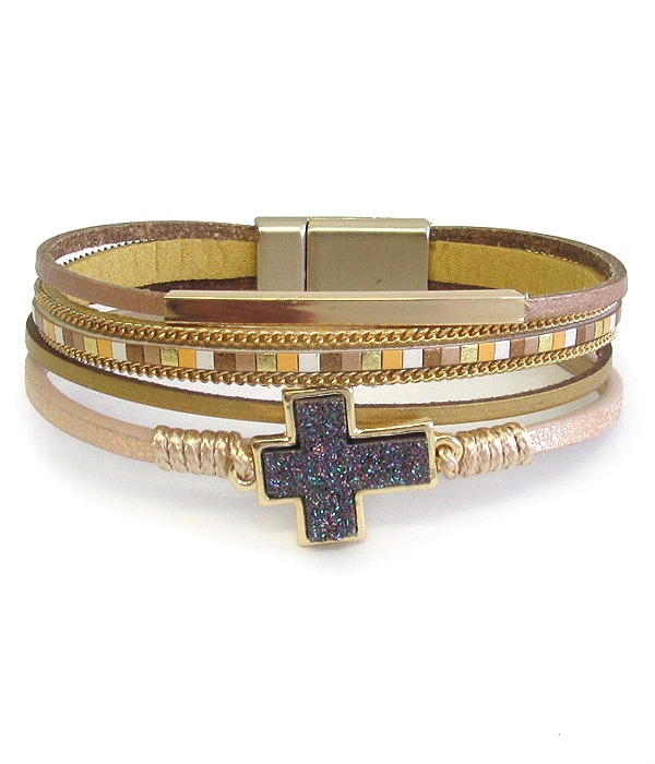 Multi Layer Leatherette Magnetic Bracelet - Druzy Cross