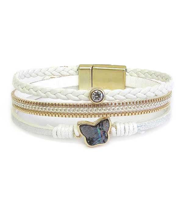 Abalone Butterfly And Multi Layer Leatherette Magnetic Bracelet