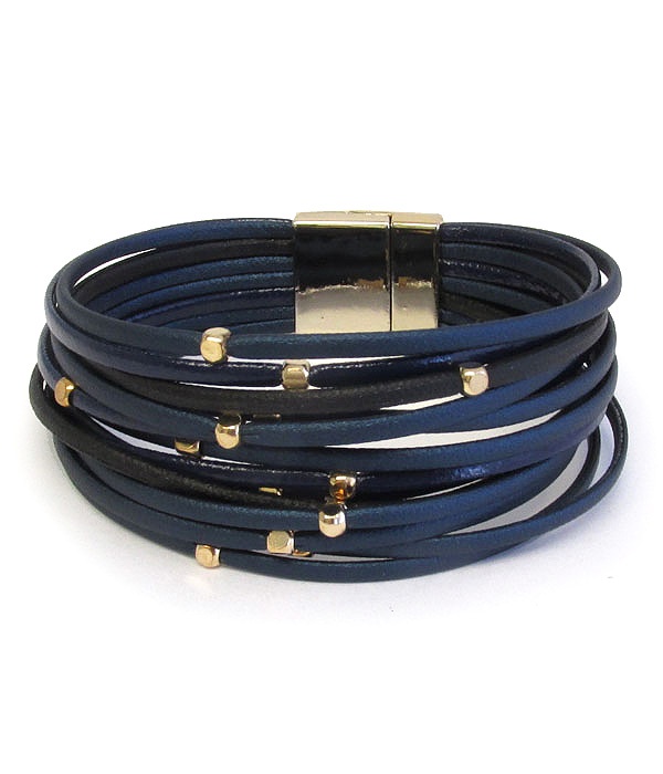 Multi Metal Chip And Leatherette Layer Magnetic Bracelet