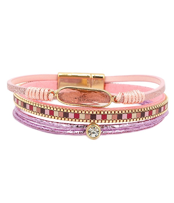 Facet Stone And Multi Layer Leatherette Magnetic Bracelet