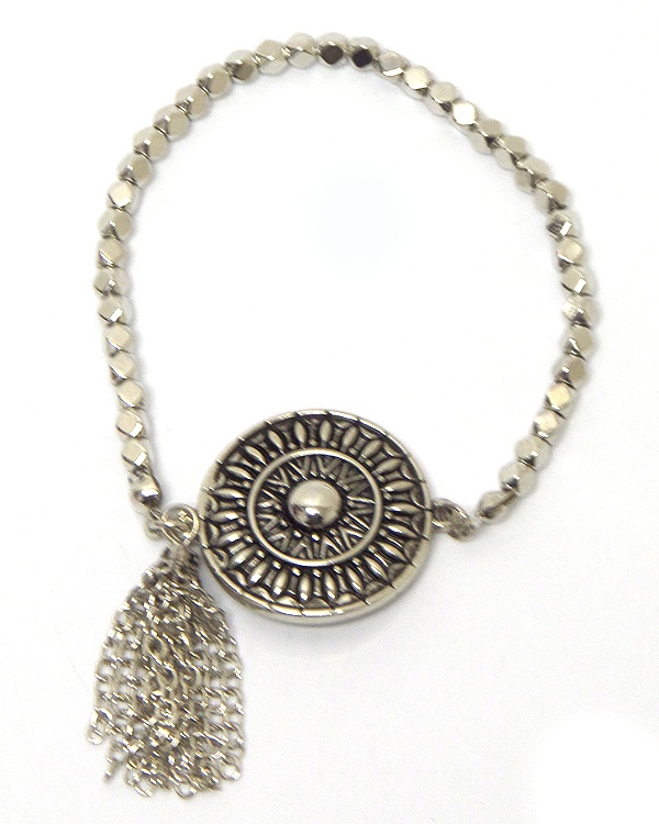 Textured Disk And Metal Beads With Tassel Drop Bracelet