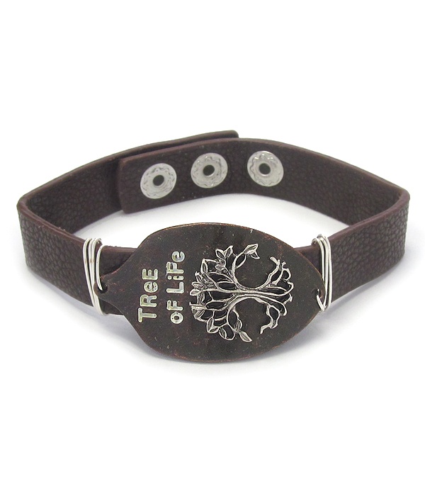Religious Inspiration Spoon Head Leather Bracelet - Tree Of Life