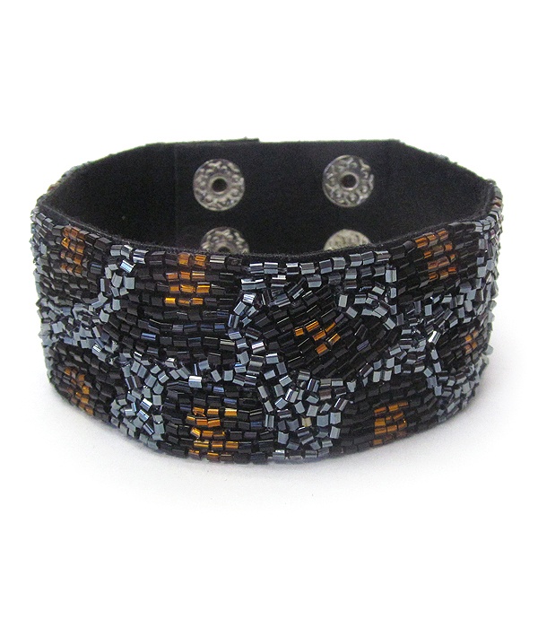 Multi Seed Bead Animal Print Double Snap On Bracelet
