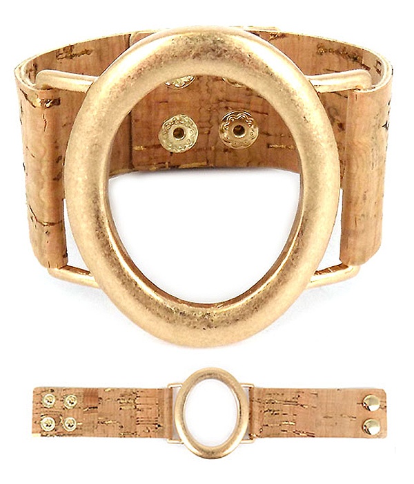 Metal Ring And Cork Textured Band Button Bracelet